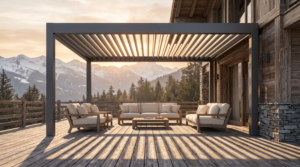 Pergola bioclimatique aluminium a lames orientables sur une terrasse de chalet en Haute-Savoie VITOR