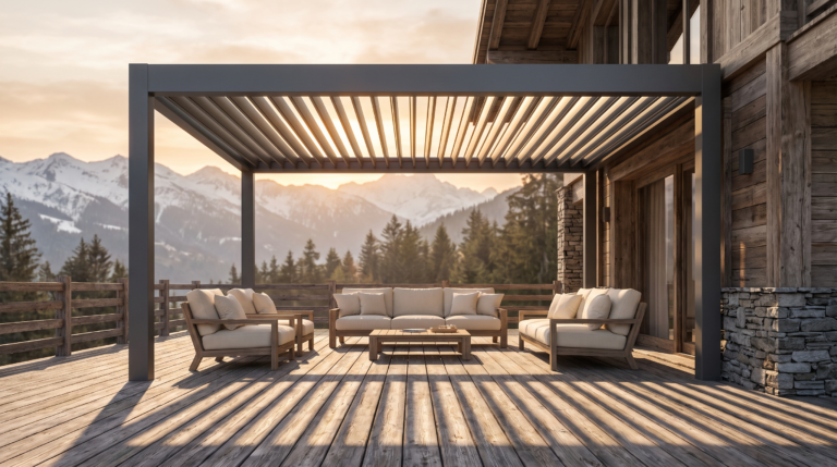 Pergola bioclimatique aluminium a lames orientables sur une terrasse de chalet en Haute-Savoie VITOR