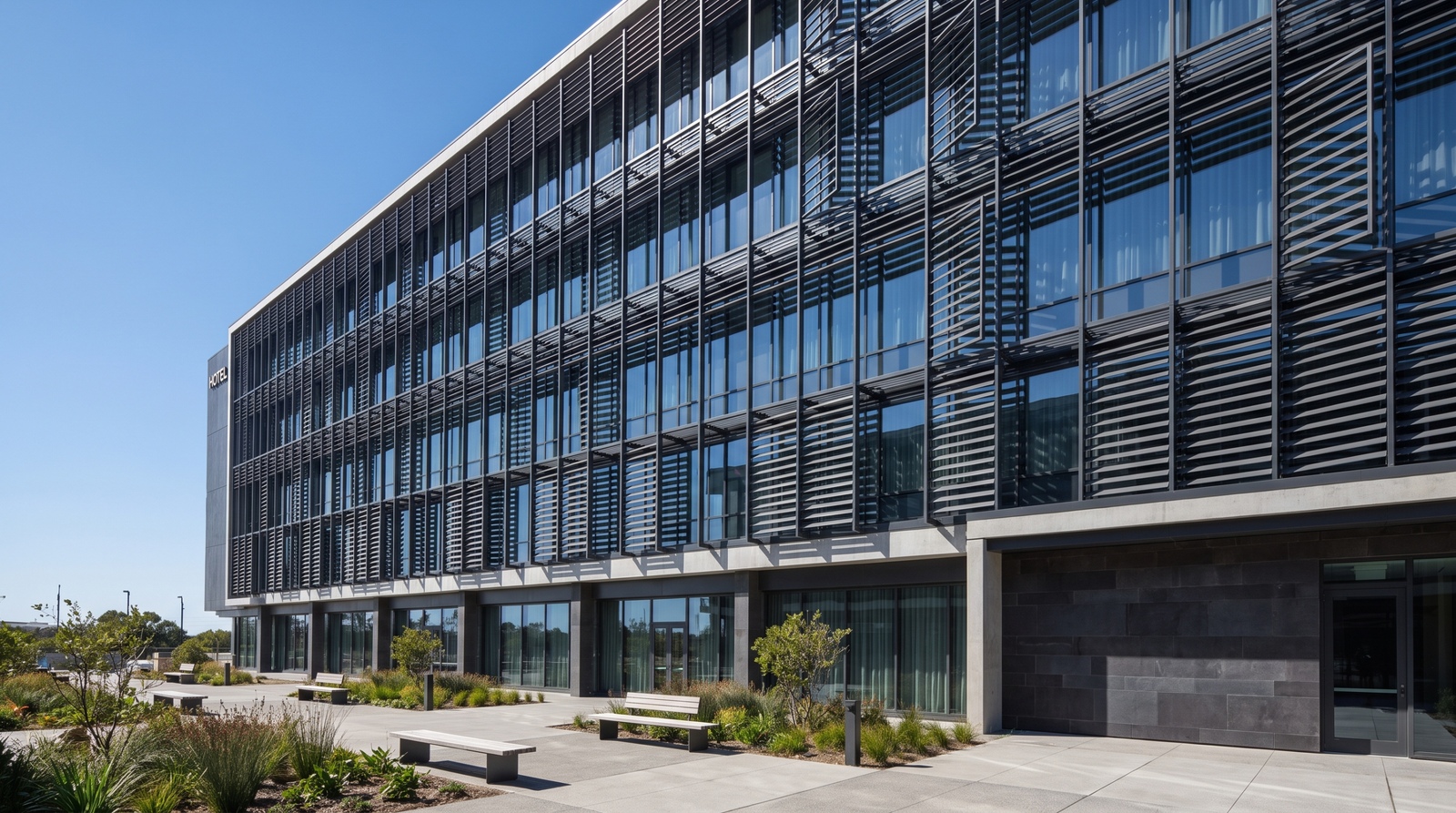 Façade tertiaire équipée de brise-soleil orientables BSO aluminium